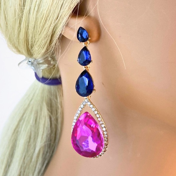 Prom Pageant Bridal Jewelry - 💲💲ONE DAY ONLY PRICE💲💲  Navy Blue & Fuschia Pink Ceystal Drop Earrings